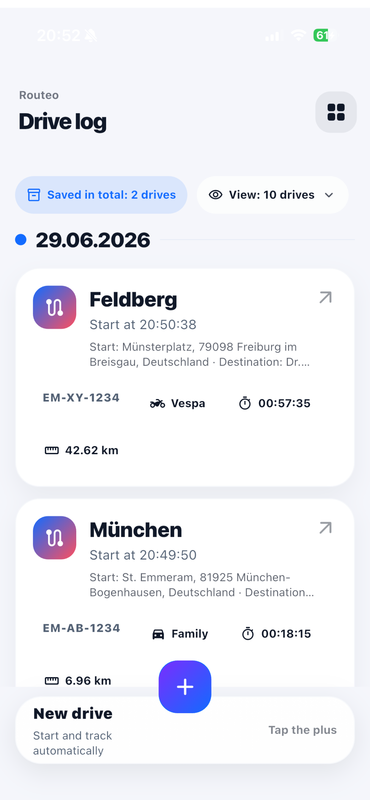 Routeo Trip history screenshot