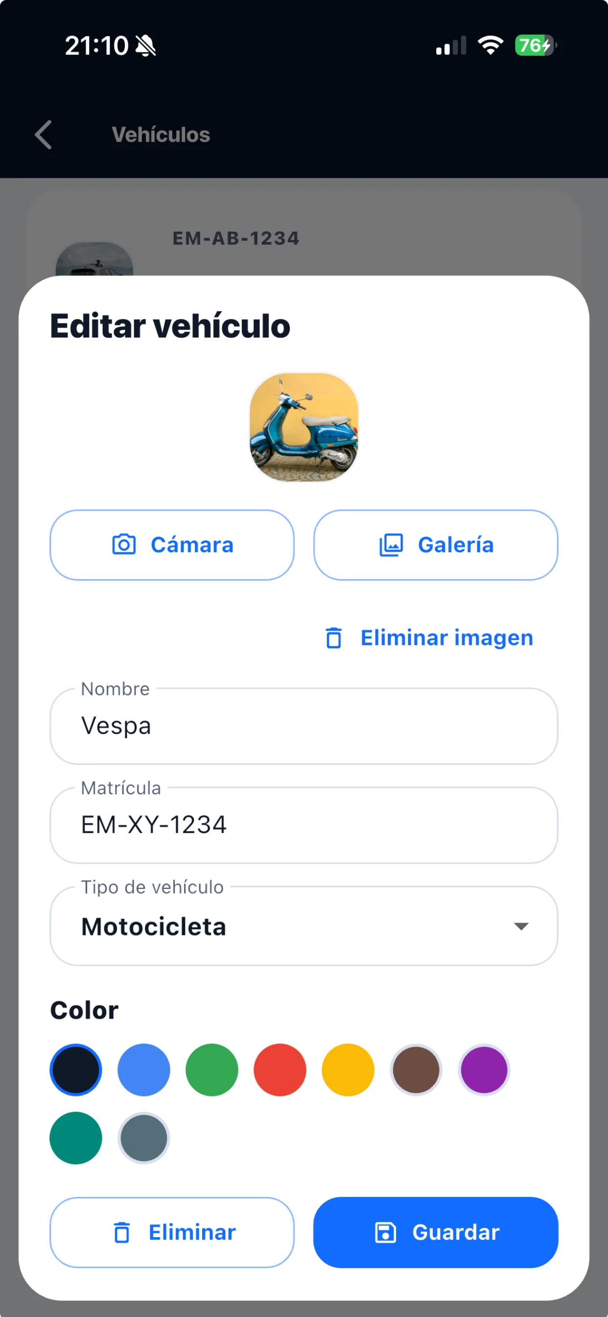 Routeo: Formulario para editar nombre, matrícula y tipo de vehículo