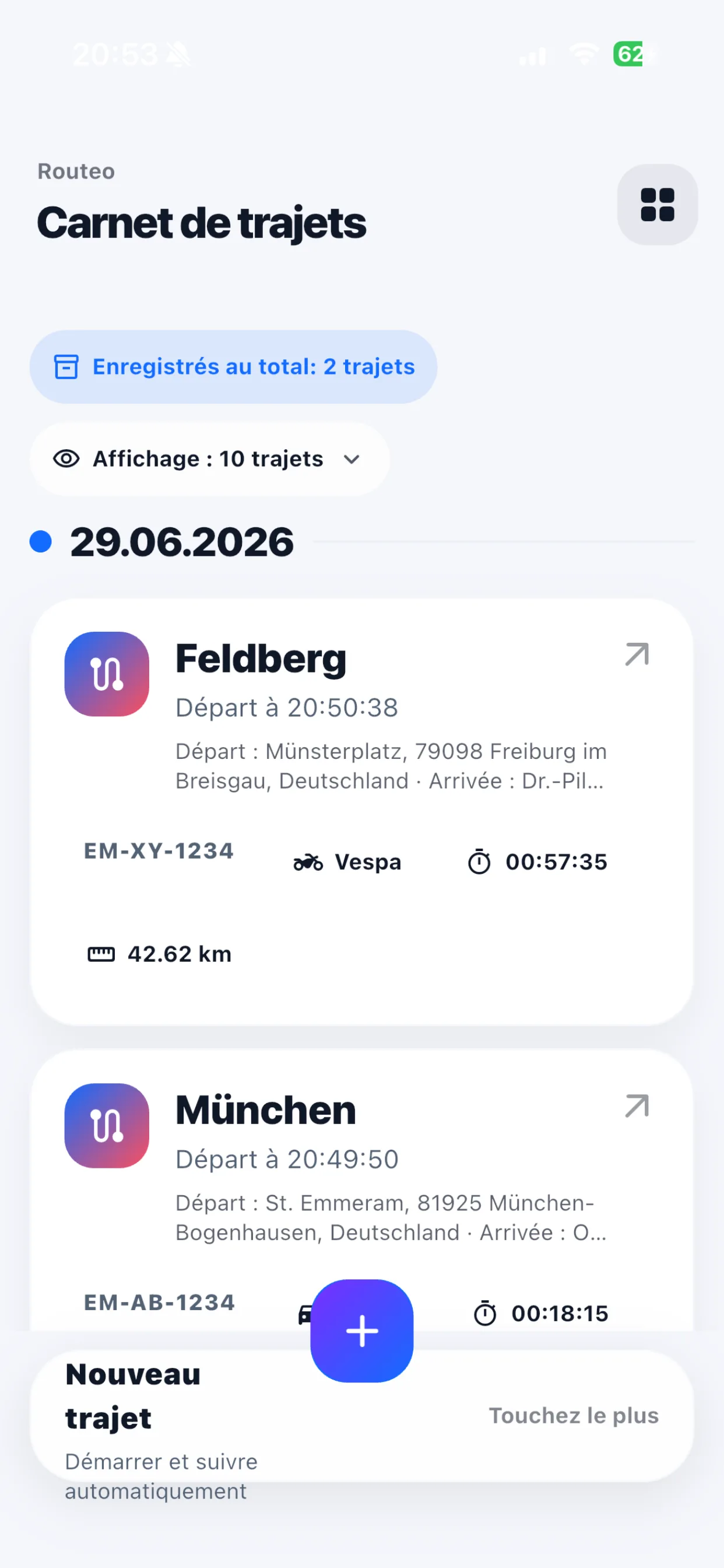 Routeo: Liste de trajets avec dates, véhicules, durées et distances