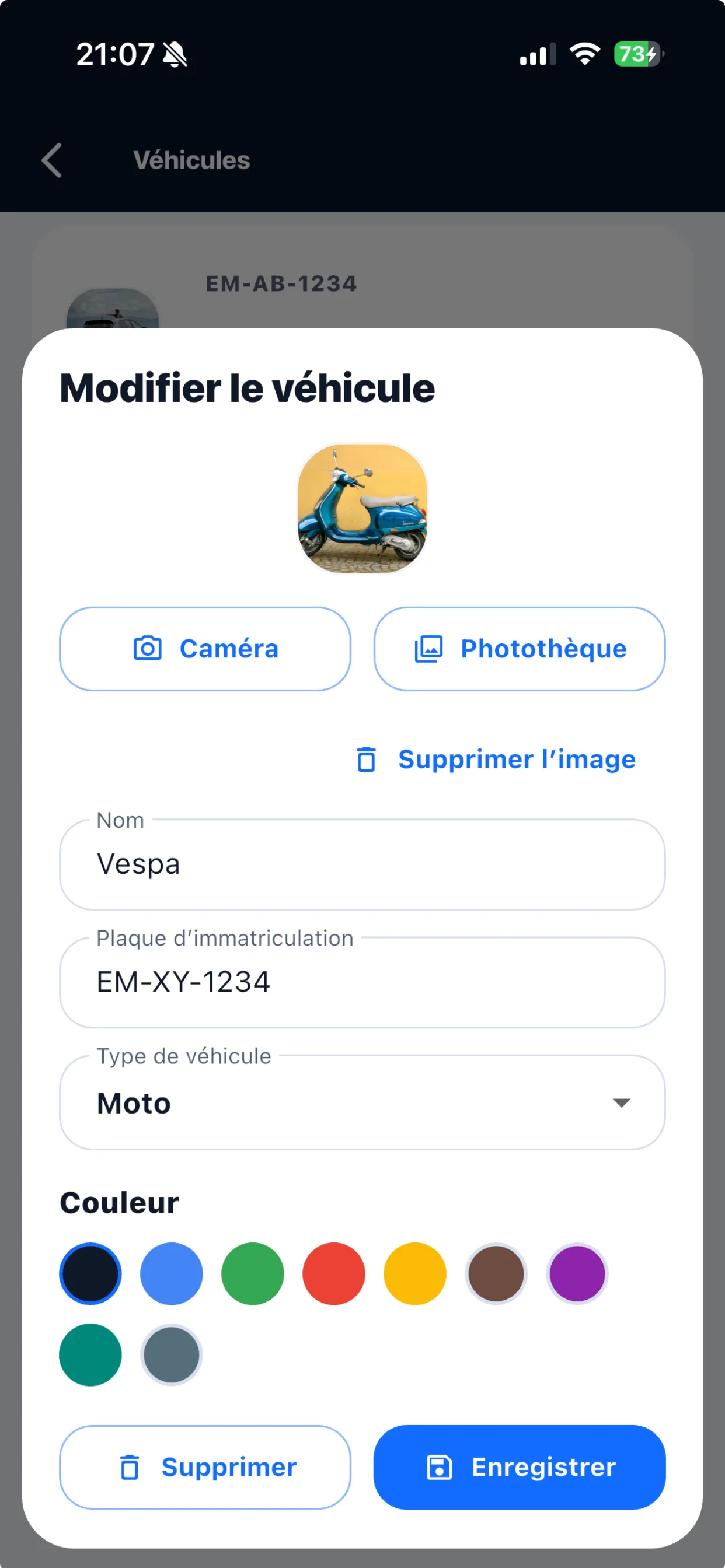 Routeo: Formulaire pour modifier le nom, la plaque et le type du véhicule