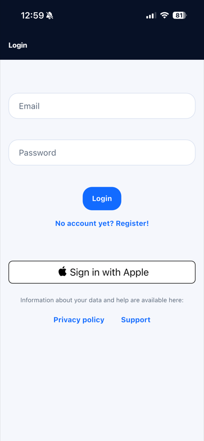 Routeo Login mit E-Mail und Mit Apple anmelden